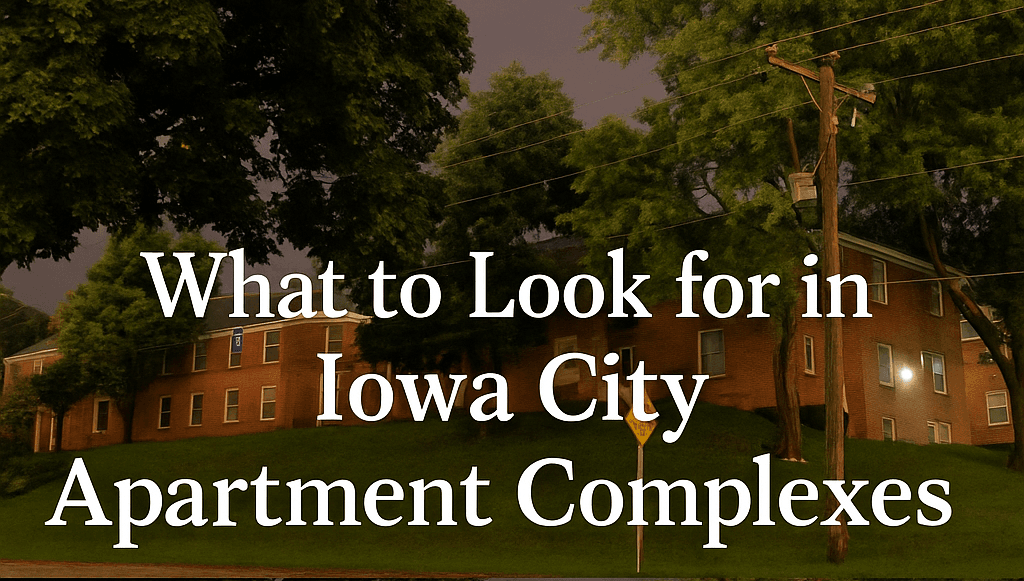 Cambridge Place Apartments in Iowa City lit up at night with blog title about choosing the right apartment complex