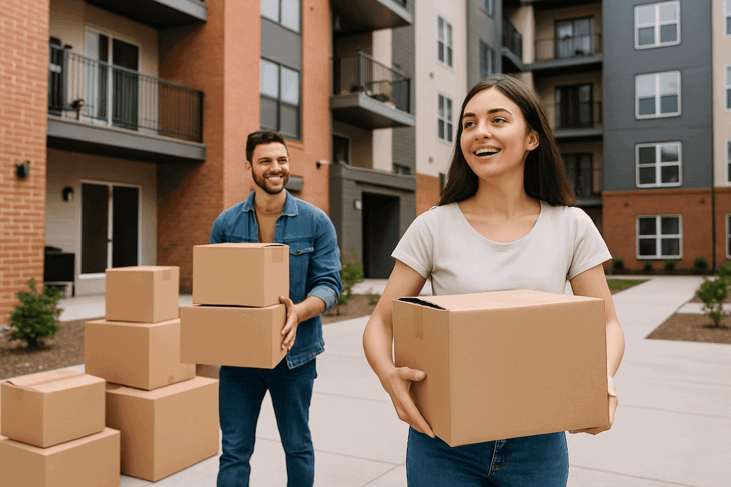 Illustration of a couple moving into an apartment with boxes and a welcome mat.